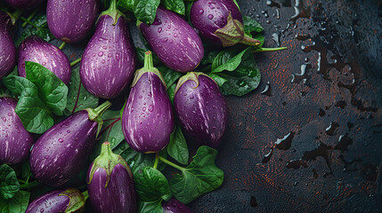 Wall Mural - eggplants on old metal table with water 