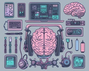 Poster - Illustration of futuristic technology and brain augmentation equipment, showcasing advanced gadgets, neural devices, and holographic interfaces.