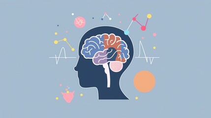 Poster - Illustration of a human brain in profile view, depicting neural connections and brain activity with abstract elements and colorful designs.