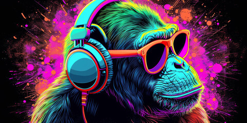 Cool neon party dj  monkey in headphones and sunglasses