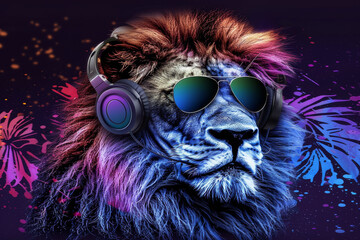 Wall Mural - Cool neon party dj lion in headphones and sunglasses