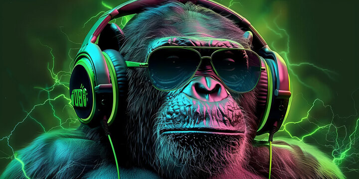 Cool neon party dj monkey in headphones and sunglasses