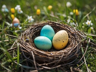 Wall Mural - Springtime scene, nest with Easter eggs in grass, creating a delightful Easter background