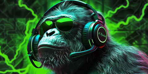 Wall Mural - Cool neon party dj monkey in headphones and sunglasses