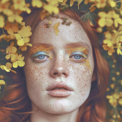 Wall Mural - Portrait of a red-haired girl among flowers
