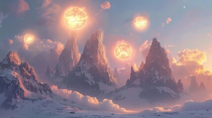 Wall Mural - A surreal mountain landscape, with towering peaks and a sky filled with multiple suns.
