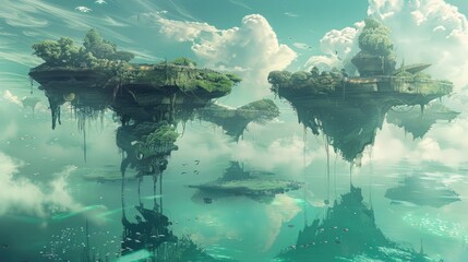 Wall Mural - A surreal seascape, with floating islands and strange, alien creatures swimming in the water.