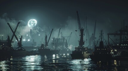 Wall Mural - port under moonlight, with ships and cranes illuminated by the soft glow of the moon, in a serene, photorealistic style. --ar 16:9 --style raw Job ID: 9a77080d-ad5e-45c7-8178-9ae0d7d9237a