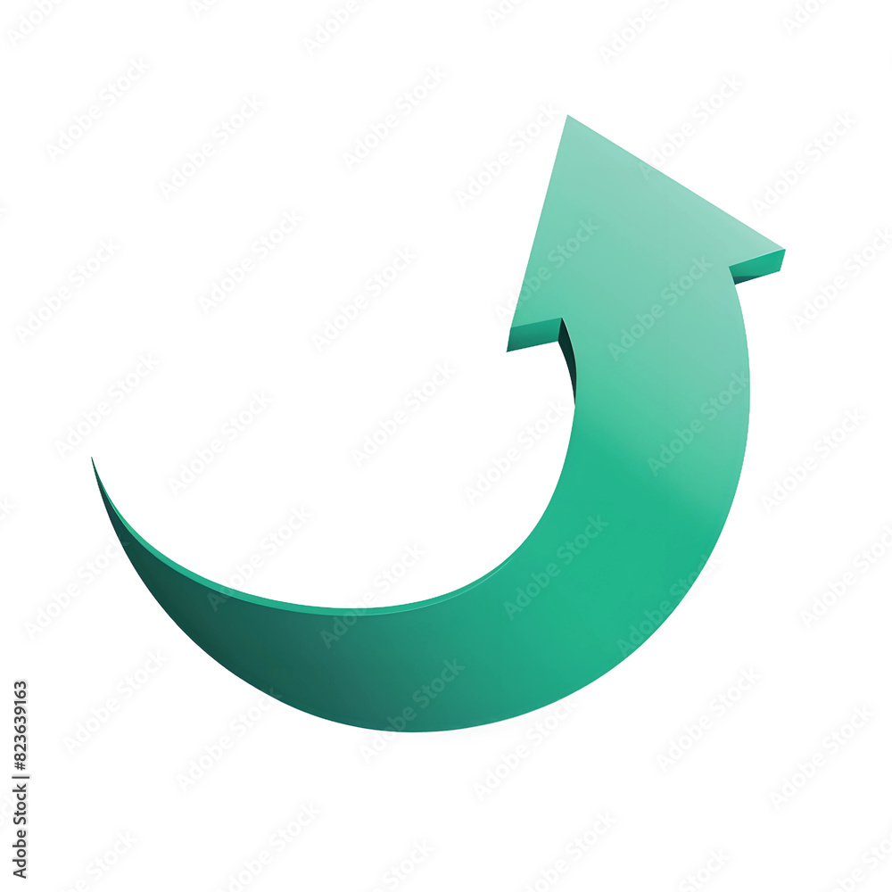3D green curved arrow pointing upwards with shadow, isolated on ...