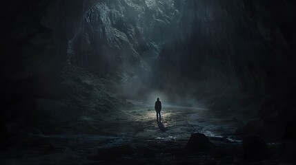 Wall Mural -  the stage with a background of impenetrable darkness, where a lone figure emerges, illuminated by a faint glimmer. Capture the essence of solitude and introspection amidst the shadows.