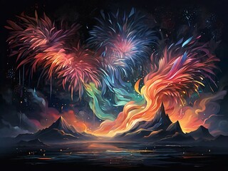 Wall Mural - Abstract auroras burst forth like cosmic fireworks, painting the night sky with mesmerizing hues