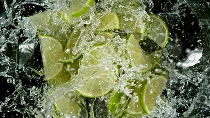 Aufkleber - Super Slow Motion of Falling Lime Slices into Water, Black Background. Filmed on High Speed Cinema Camera, 1000 fps. Camera Tracking the Target.