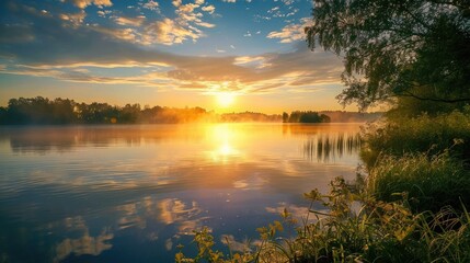 Wall Mural - A tranquil lake at sunrise.