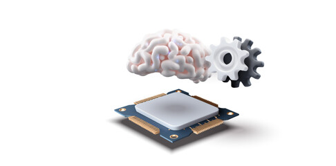 Fototapete - 3D illustration of a computer processor with a brain and a gear hovering above it, symbolizing artificial intelligence and machine learning. Perfect for tech and innovation-related content. Vector