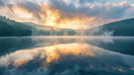 Wall Mural - A tranquil lake with mist rising off the surface at sunrise.