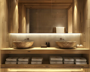 Wall Mural - Wooden hotel bathroom interior with sink, vanity and mirror