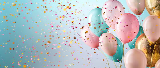 Confetti and balloons float amid blue, banner