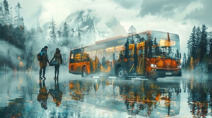 A couple is walking in front of a bus that is covered in trees