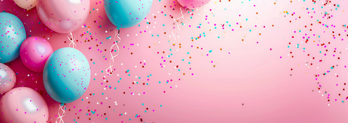 Wall Mural - Pink and blue balloons, confetti on pink background, banner