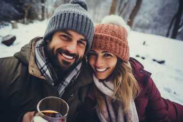 Wall Mural - Generated with AI image of a smiling cheerful couple spending time winter picnic outdoors