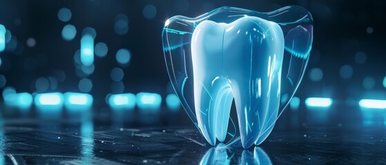 A 3D rendering of a tooth with a glowing blue shield around it.