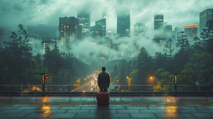 Wall Mural - A man is standing on a bridge with a suitcase in front of him