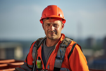 Wall Mural - Generative AI picture Portrait of construction worker wearing a protective safety uniform clothes helmet at big building