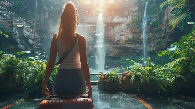 A young woman in casual clothes sits and relaxes in a natural garden with a beautiful waterfall in front.