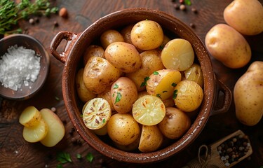 Wall Mural - Potatoes arranged in a pot on brown surface, showcasing soil and sliced pieces
