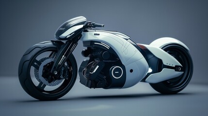 A futuristic, sleek motorcycle against a grey background.