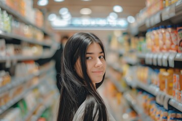 Portrait of a сute Caucasian woman shopping in a supermarket. Retail customer concept