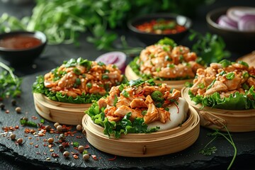 Wall Mural - Four bowls of food with greens and meat, with a black background