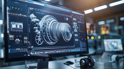 Poster - A computer monitor displays a blue and white image of a jet engine. Concept of technology and innovation