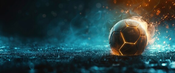 Wall Mural - Glowing Football In An Abstract Dark Void With Copy Space, Football Background