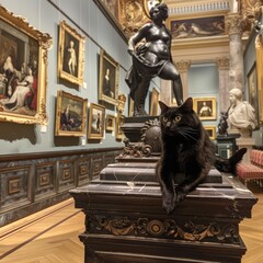 Wall Mural - A black cat is sitting on top of a pedestal in a museum