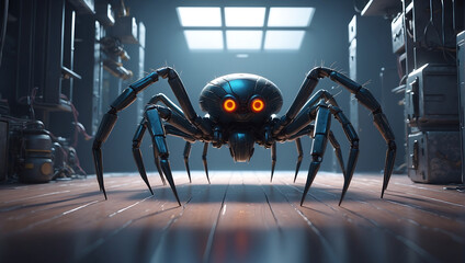 Wall Mural - A futuristic mechanical spider with a sleek metallic body and glowing blue eyes stands prominently. The spider legs are jointed and detailed, displaying advanced technology