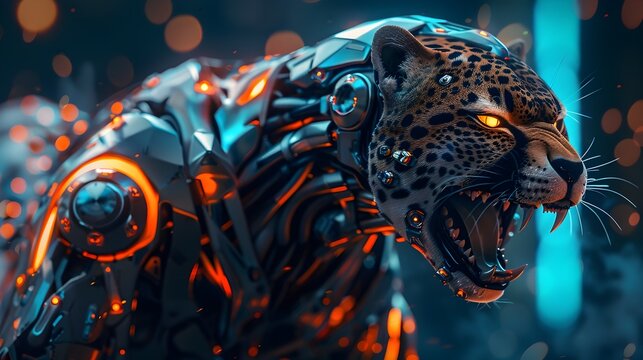 Captivating Cyborg Cheetah Warrior with Sleek Metallic Exoskeleton and Neon Highlights