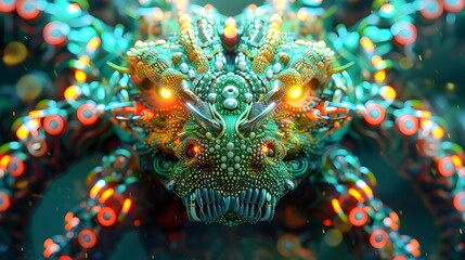 Wall Mural - Captivating Cyborg Hydra Warrior - A Majestic Reptilian Entity Merged with Cutting-Edge Cybernetics