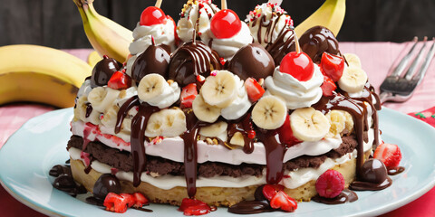 Wall Mural - Symbols of birthday celebration. Birthday Cake.  Banana Split  cake.