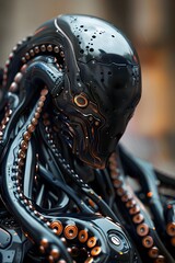 Canvas Print - Captivating Cyborg Octopus Warrior:A Masterful Fusion of Mechanical Elegance and Bioluminescent Allure