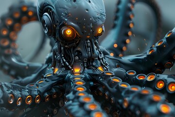 Sticker - Captivating Cyborg Octopus Warrior with Intricate Biomechanical Limbs in Dramatic Cinematic Environment