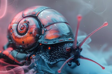 Canvas Print - Captivating Cyborg Snail Warrior in a Mesmerizing Smoke-Filled Backdrop