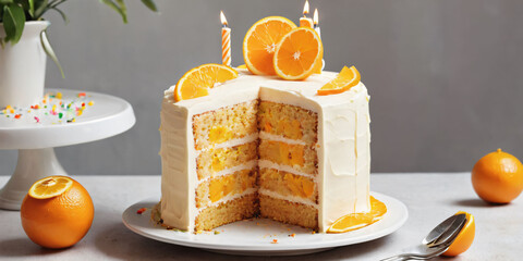 Wall Mural - Symbols of birthday celebration. Birthday Cake.  Orange Oasis  cake.