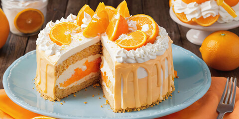 Wall Mural - Symbols of birthday celebration. Birthday Cake.  Orange Creamsicle  cake.