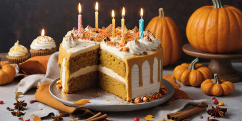 Wall Mural - Symbols of birthday celebration. Birthday Cake.  Pumpkin Spice  cake.