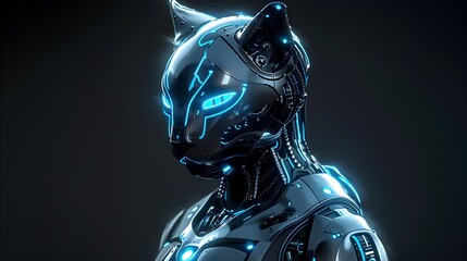 Sticker - Cinematic 3D Cyborg Cat Warrior with Sleek Chrome and Titanium Construction,Glowing Blue Circuitry,and Intense Predatory Gaze