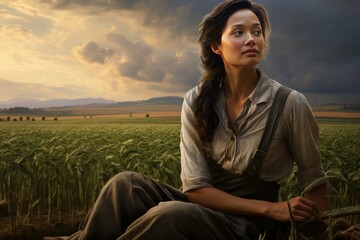 Wall Mural - Contemplative young woman sits in a wheat field, bathed in the warm light of the setting sun