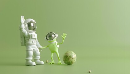 Wall Mural - A 3D cartoon astronaut high-fiving a little alien, standing on a small planet