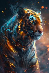 Poster - Enigmatic Cyborg Tiger Warrior in Swirling Vortex of Vibrant Energy