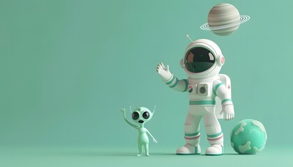 Wall Mural - A 3D cartoon astronaut holding a map, looking confused while floating in space
